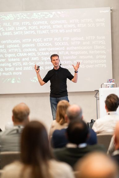 Daniel Stenberg presenting at myConf 2023